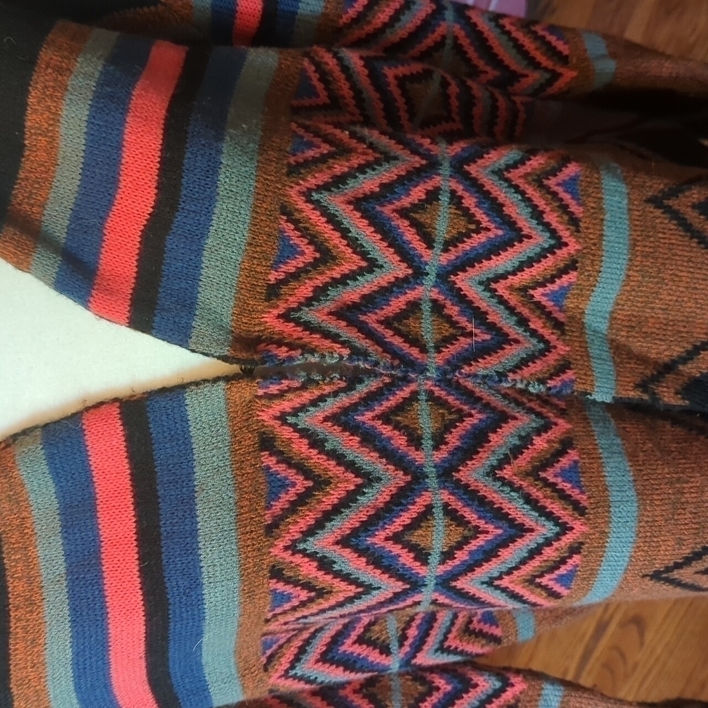 colorful tribal knit fringe Bohemian Festival long open duster/cardigan sz M - Picture 11 of 14